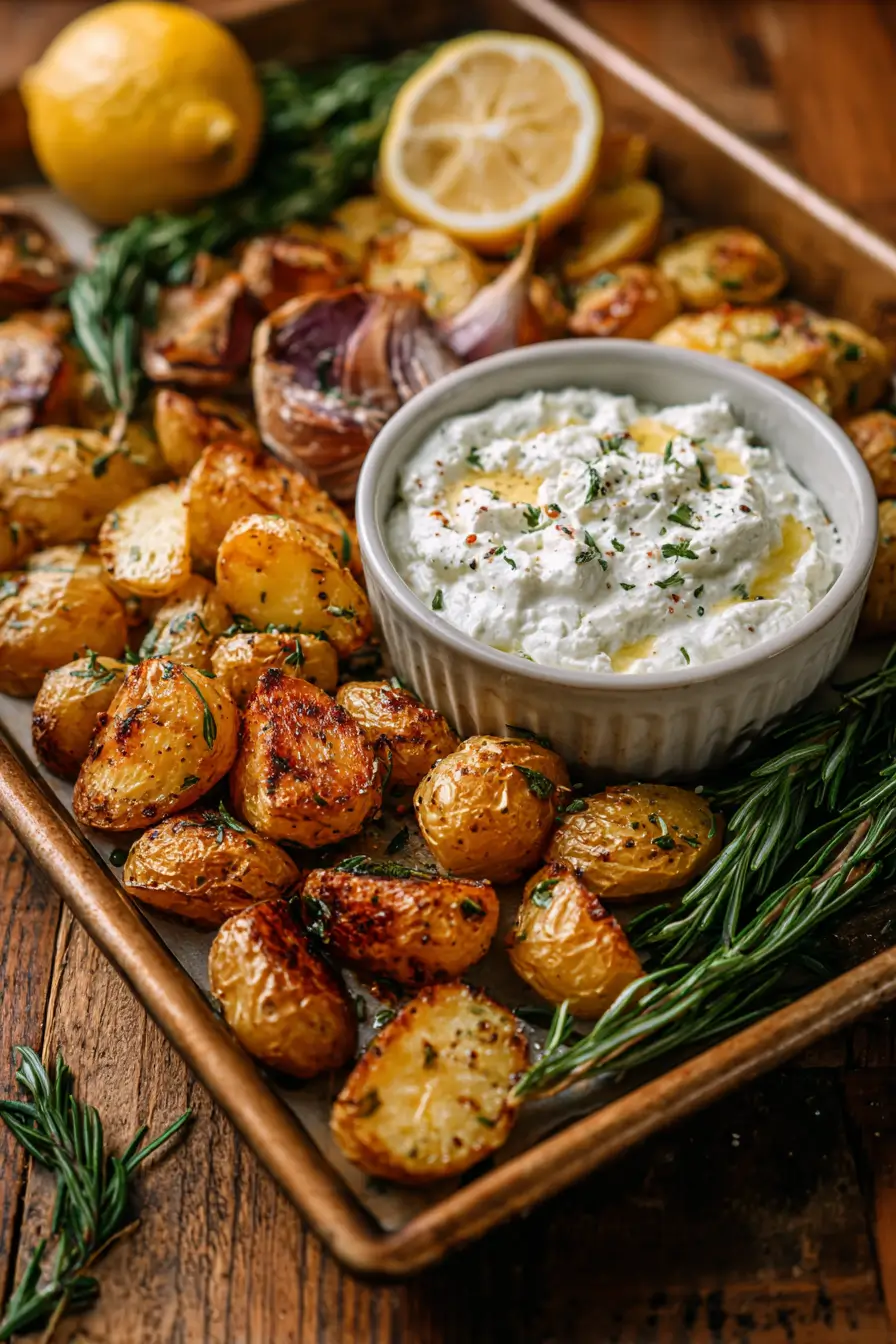 Sheet-Pan Garlic Potatoes with Whipped Feta Dip