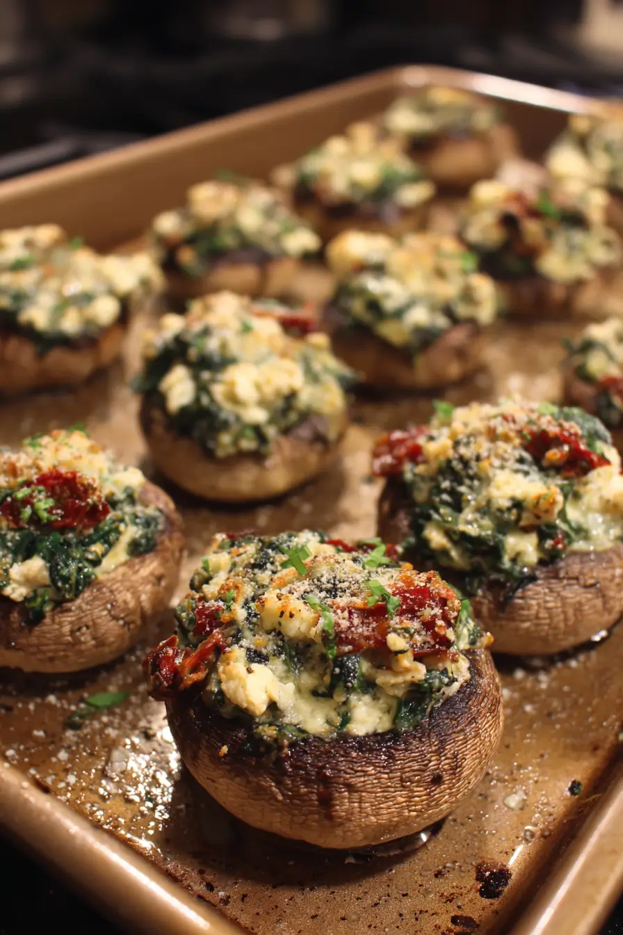 Spinach, Feta, and Sun-Dried Tomato Stuffed Mushrooms recipe