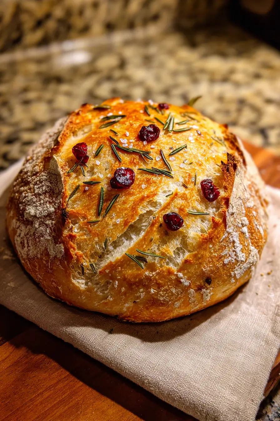 No-Knead Rosemary Cranberry Bread with Olive Oil & Sea Salt