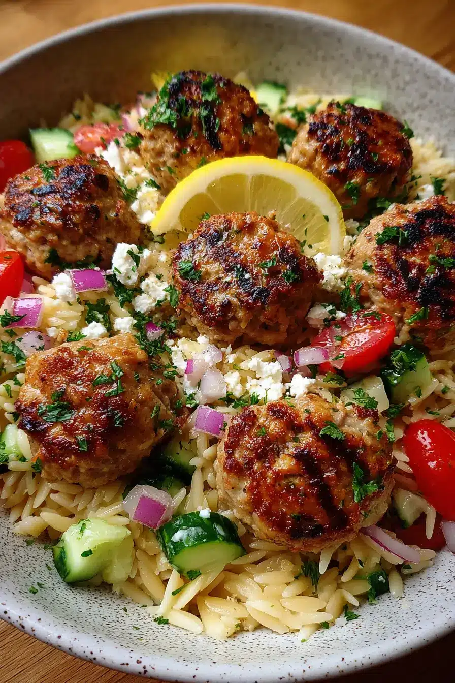 Easy Baked Ricotta Lemon Meatballs over Orzo Salad