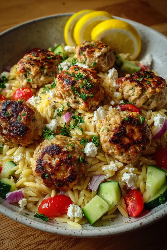 Baked Ricotta Lemon Meatballs over Orzo Salad Recipe