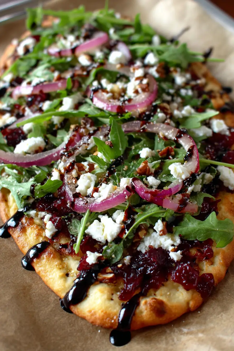 Cranberry Balsamic Flatbread with Goat Cheese & Arugula Recipe