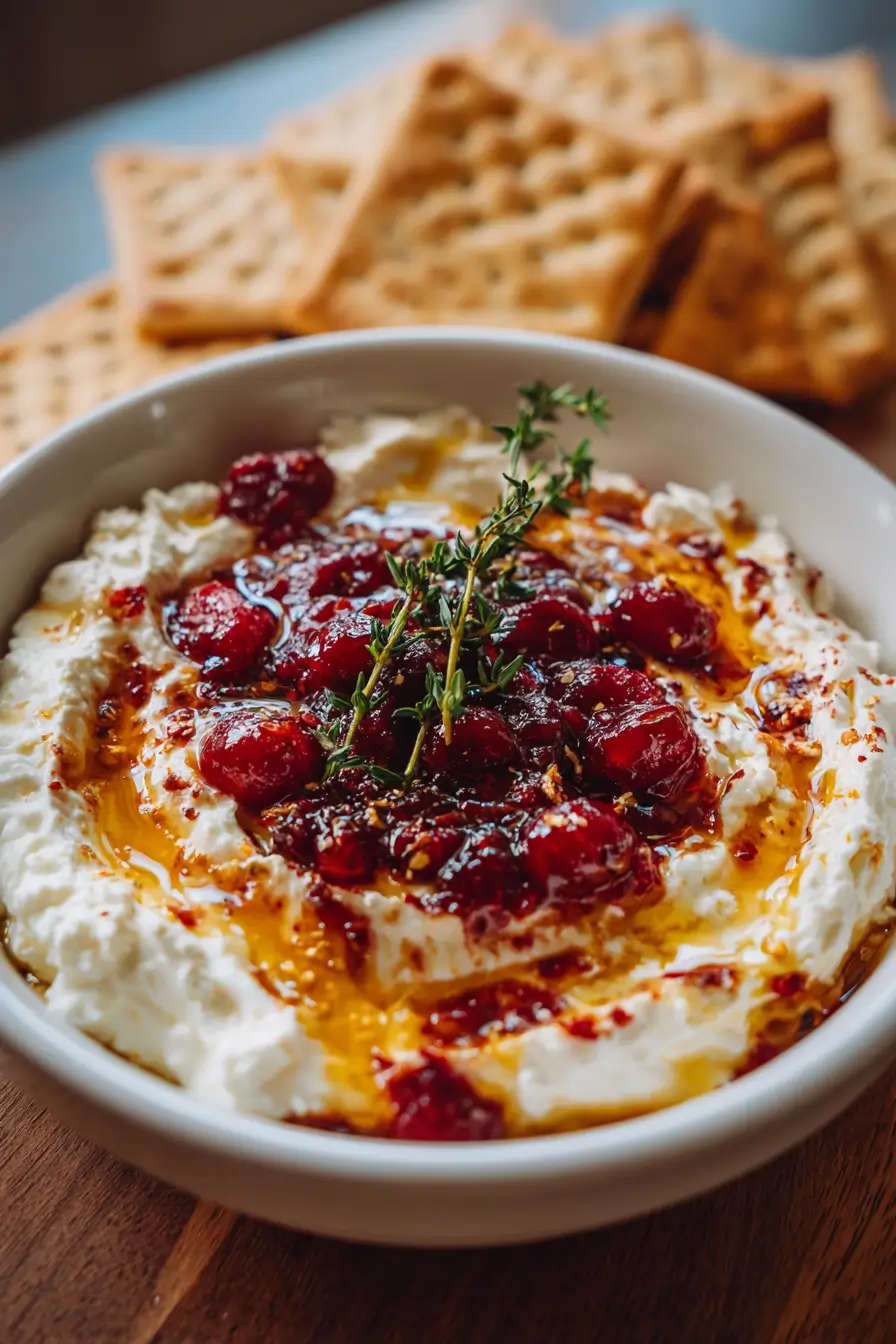 Best Cranberry Whipped Feta Dip with Hot Honey Drizzle