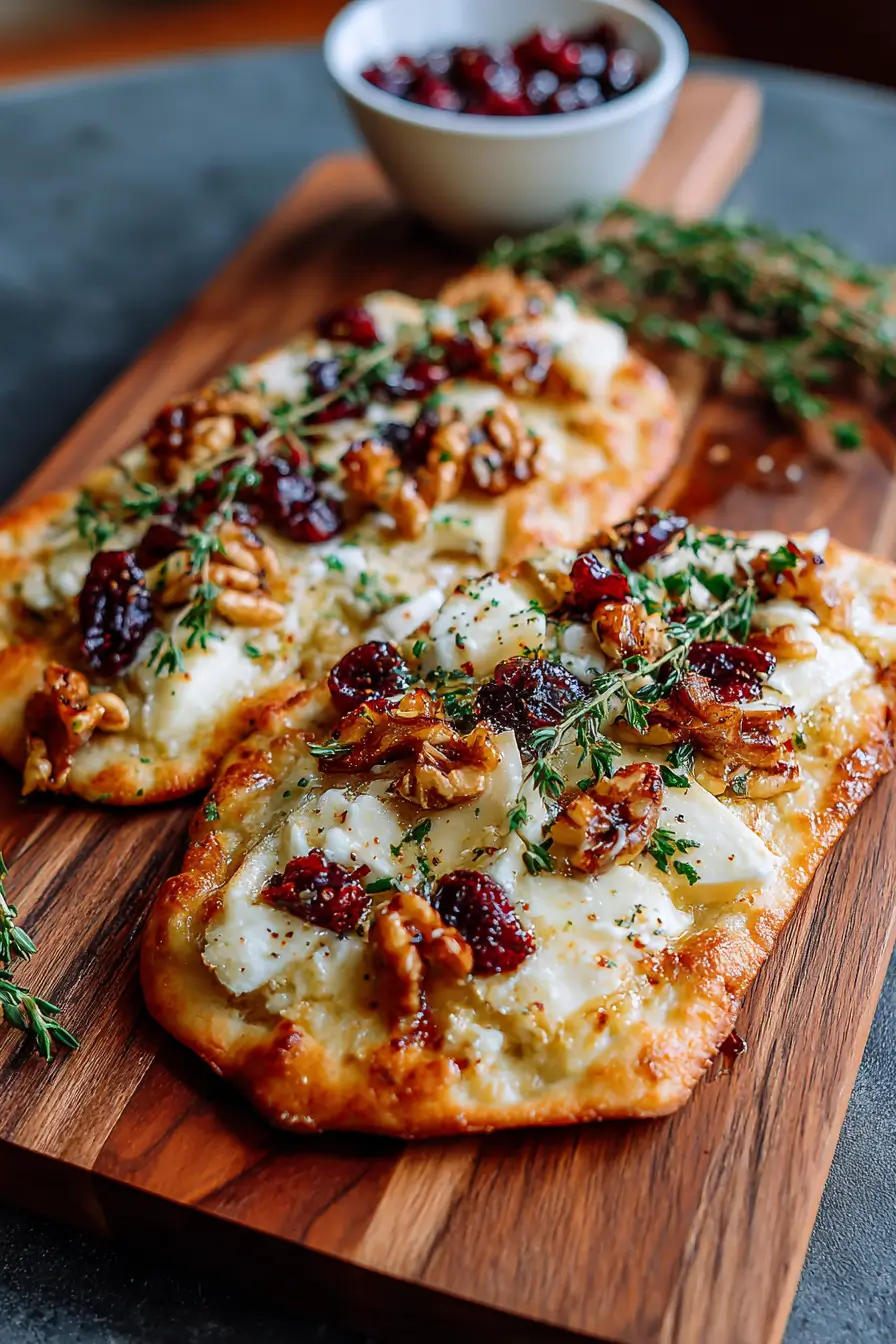 Crispy Flatbread with Brie, Cranberries & Toasted Walnuts with a Hot Honey Drizzle