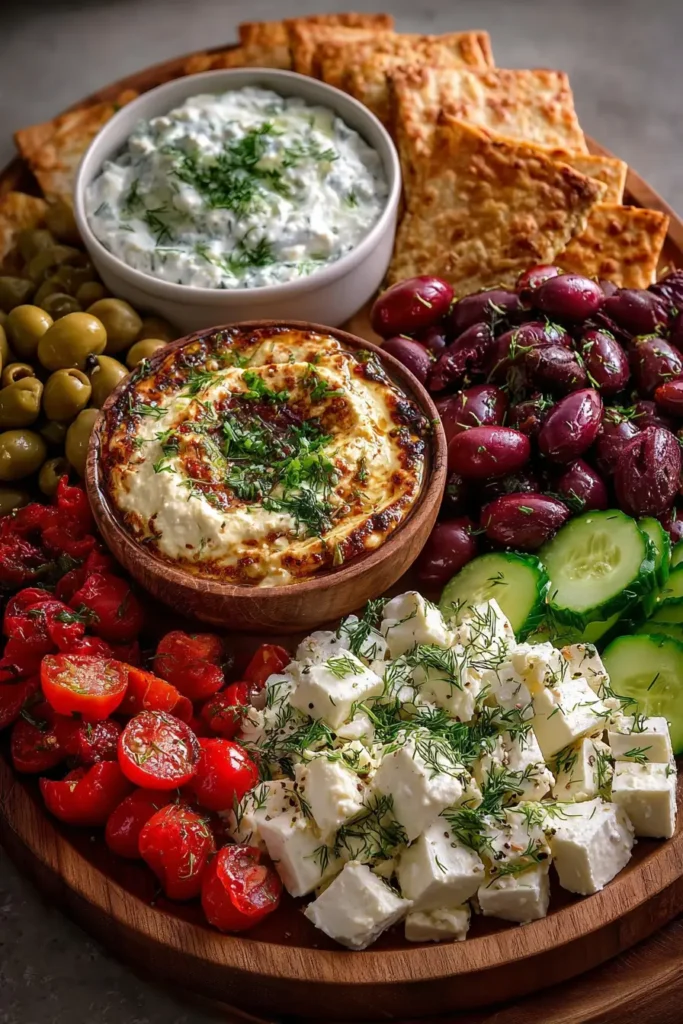 Greek Appetizer Board with Tzatziki and Pita Chips