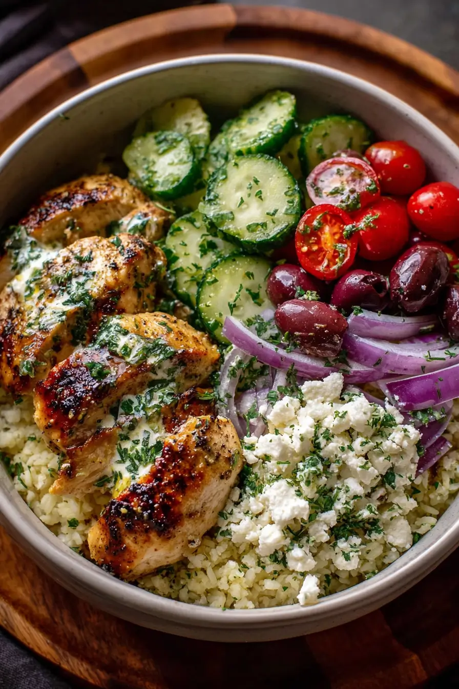 Grilled Greek Chicken Bowl with Lemon-Oregano Dressing