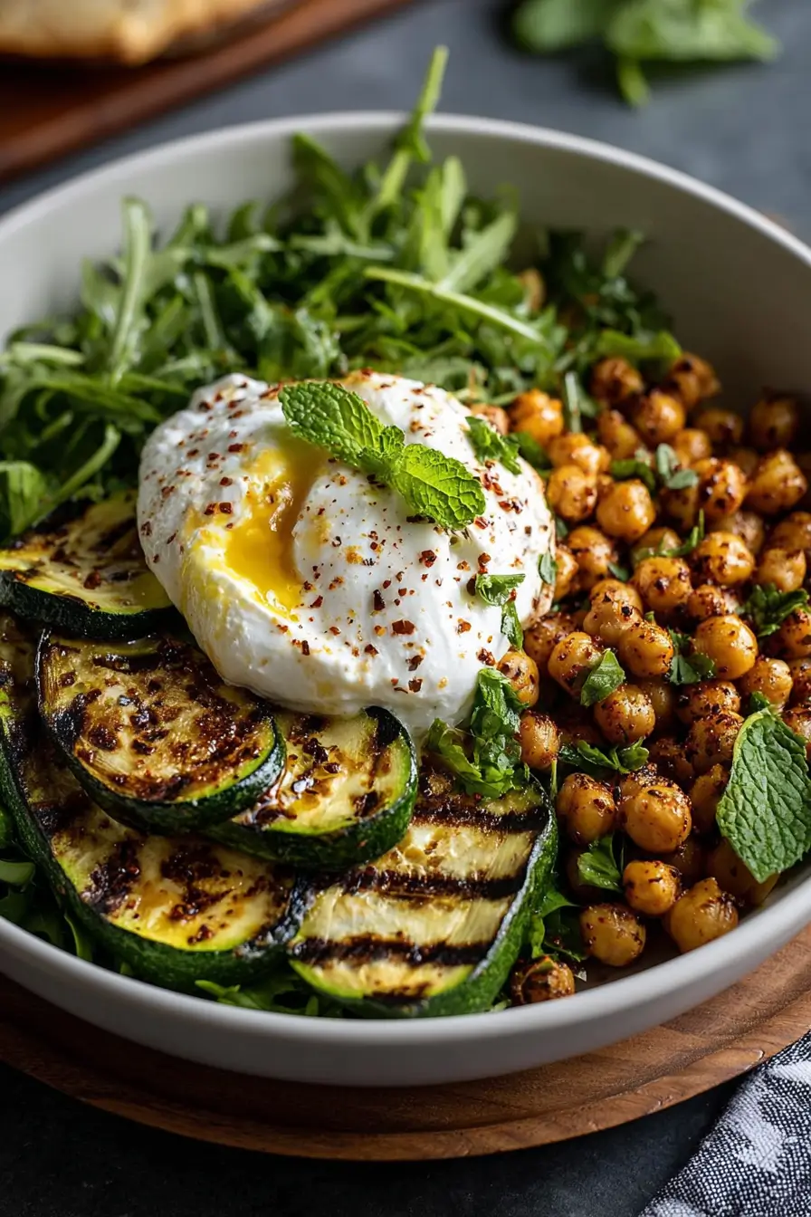 Grilled Zucchini Chickpea Salad with Burrata and Chili Oil