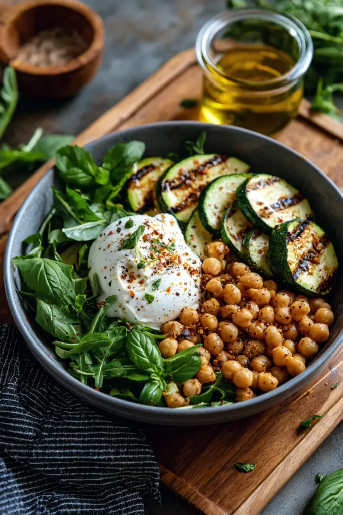 Grilled Zucchini Chickpea Salad with Burrata and Chili Oil