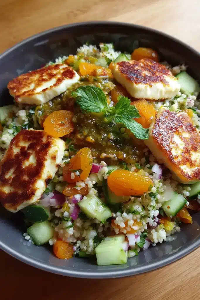 Halloumi & Bulgur Salad with Dried Apricots, Mint & Citrus Dressing