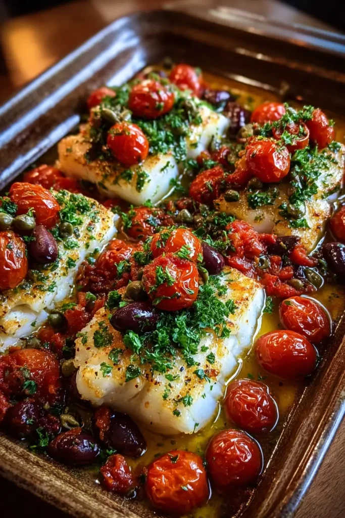 Mediterranean Baked Cod with Tomato & Olive Relish