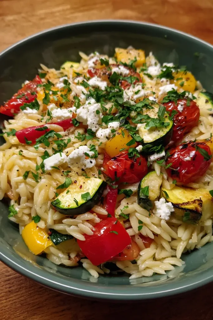 Orzo Bowl with Feta Roasted Veggies & Herbed Dressing