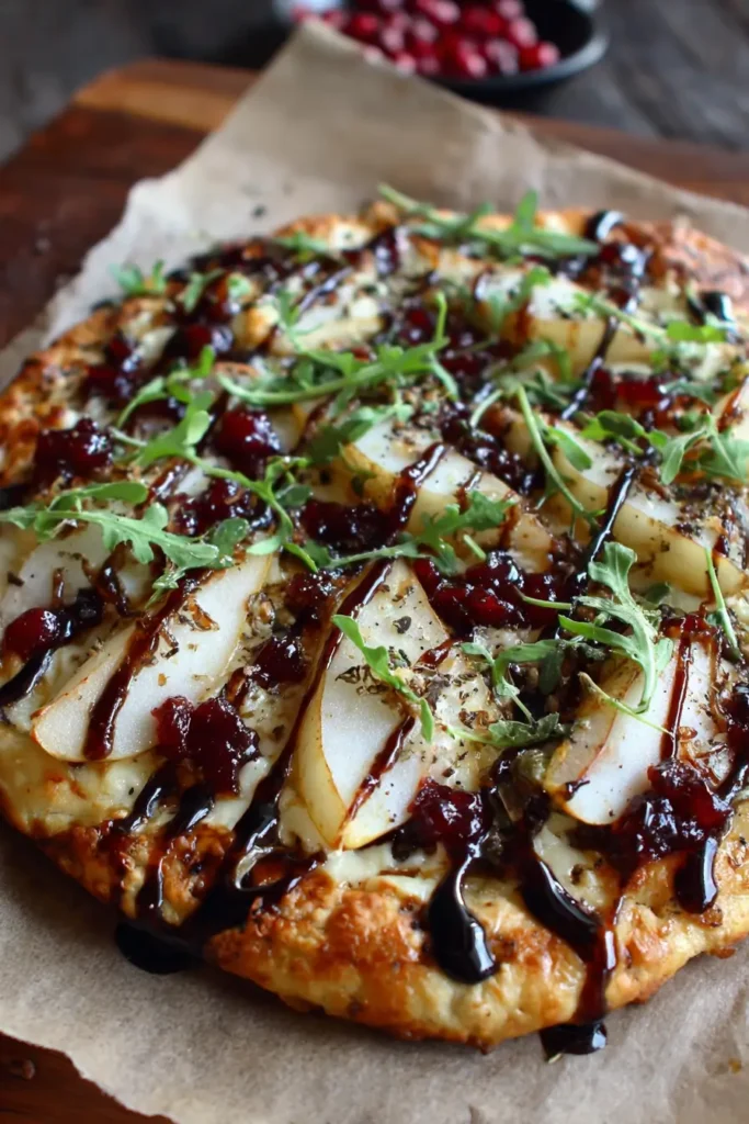 Pear, Brie, and Cranberry Flatbread with Fig Jam and Balsamic Glaze