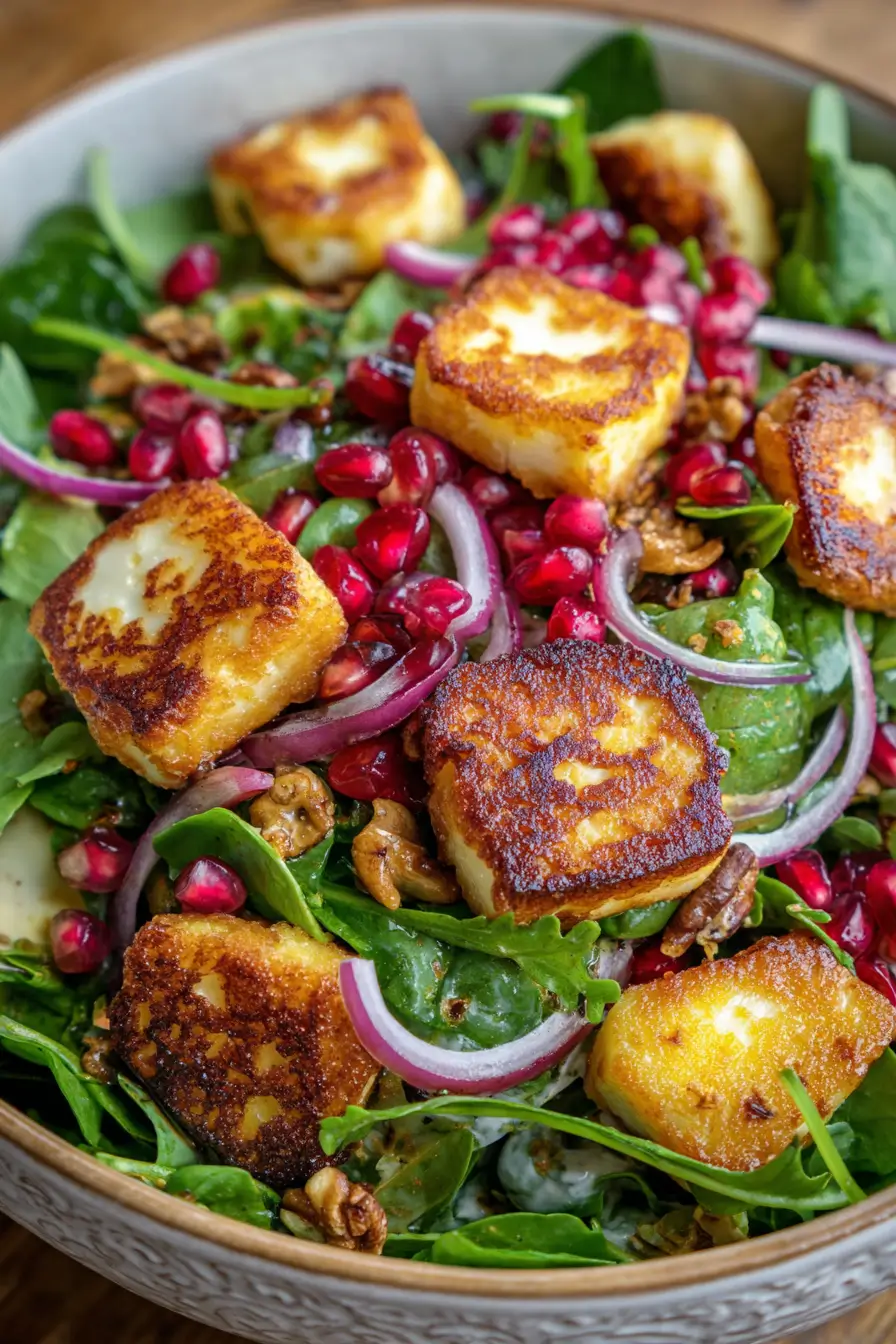 Pomegranate Greens Salad with Halloumi Croutons and Spiced Orange Vinaigrette