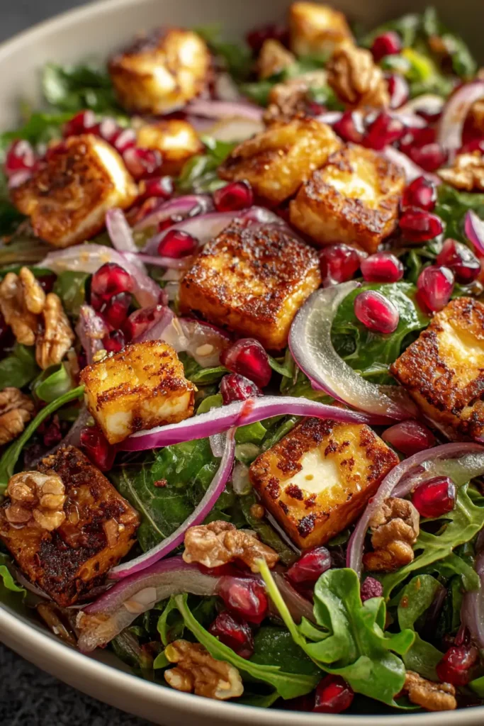 Pomegranate Greens Salad with Halloumi Croutons and Spiced Orange Vinaigrette Recipe