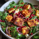 Best Pomegranate Greens Salad with Halloumi Croutons and Spiced Orange Vinaigrette