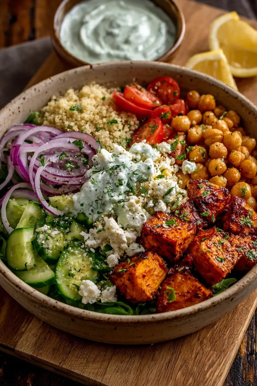 Roasted Sweet Potato & Chickpea Greek Bowl