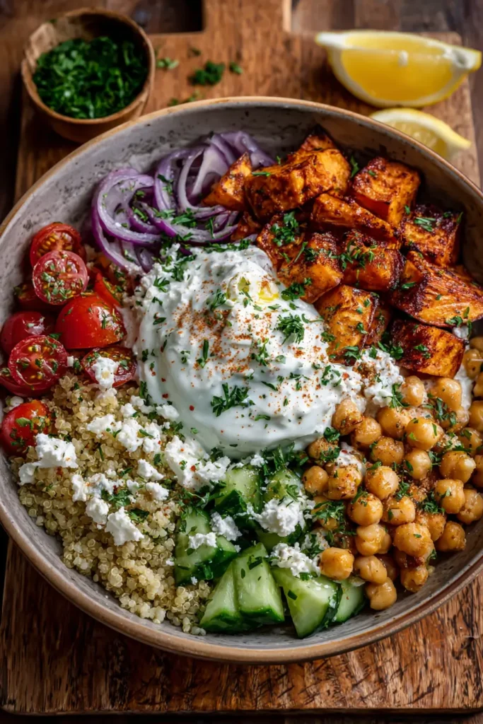 Roasted Sweet Potato & Chickpea Greek Bowl