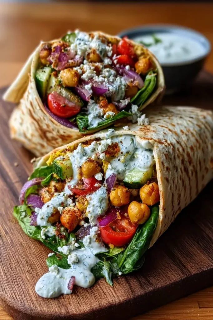 Roasted Veggie & Chickpea Wrap with Creamy Feta-Yogurt Dressing