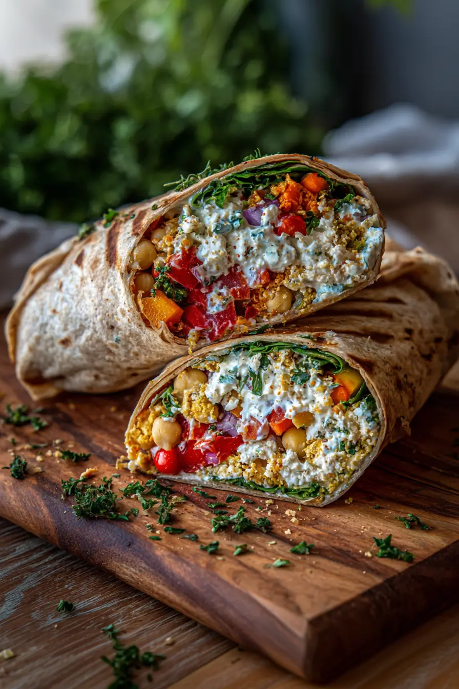 Roasted Veggie & Chickpea Wrap with Creamy Feta-Yogurt Dressing Recipe
