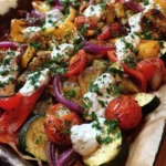 Roasted Veggie & Feta Sheet-Pan with Lemon Yogurt Sauce