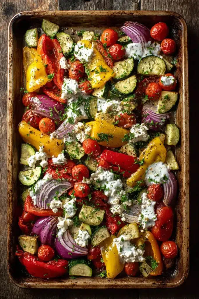 Best Roasted Veggie & Feta Sheet-Pan with Lemon Yogurt Sauce