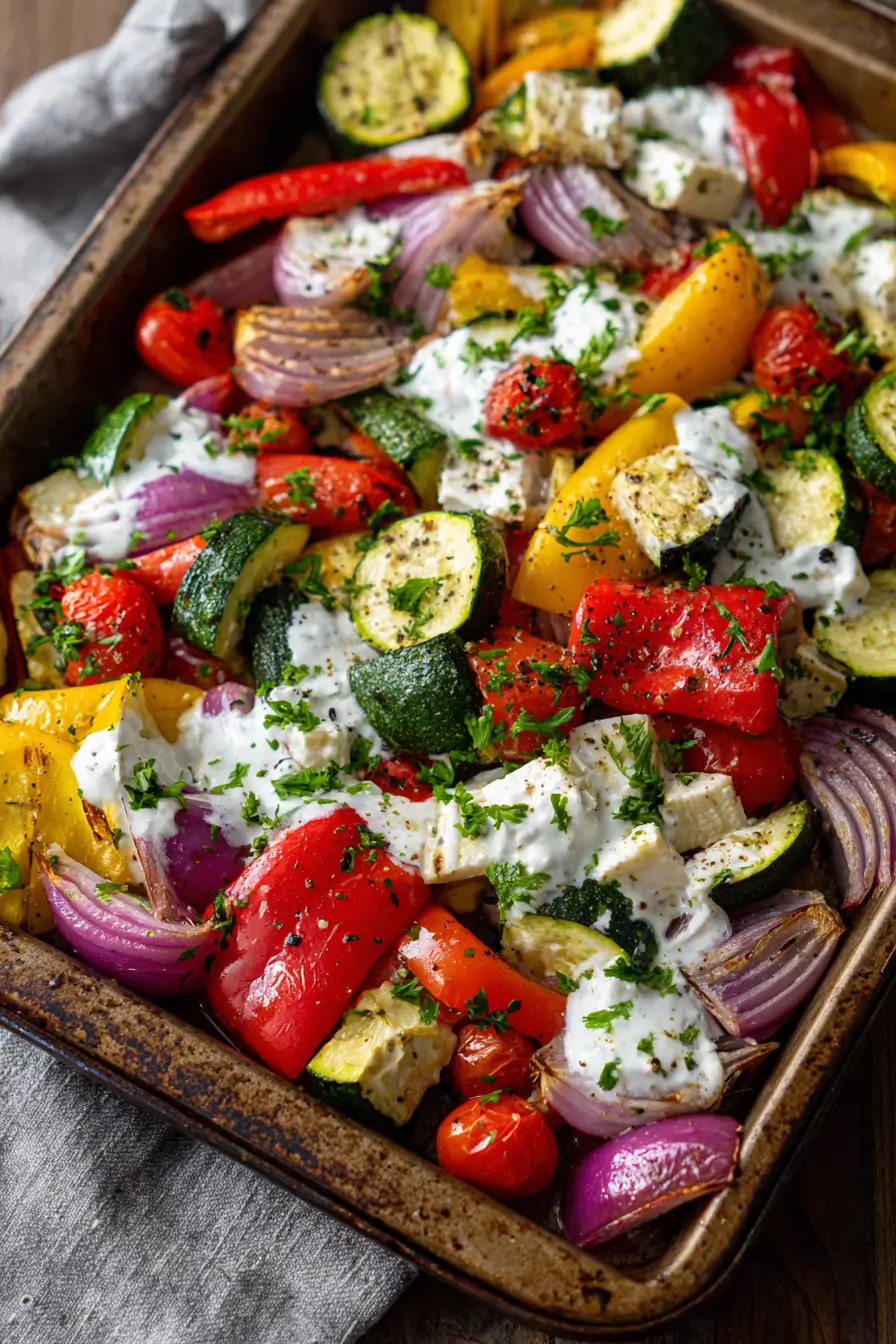 Roasted Veggie & Feta Sheet-Pan with Lemon Yogurt Sauce Recipe