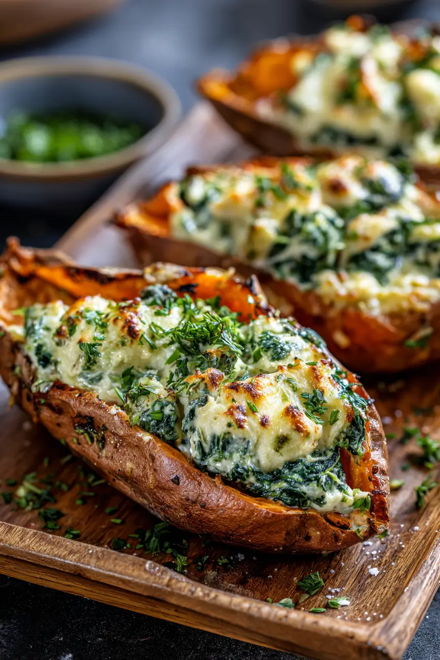 Easy Spinach & Ricotta Stuffed Sweet Potatoes with Herb Drizzle