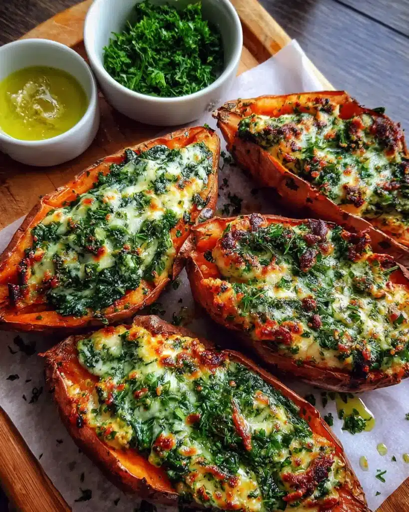 Spinach & Ricotta Stuffed Sweet Potatoes with Herb Drizzle Recipe