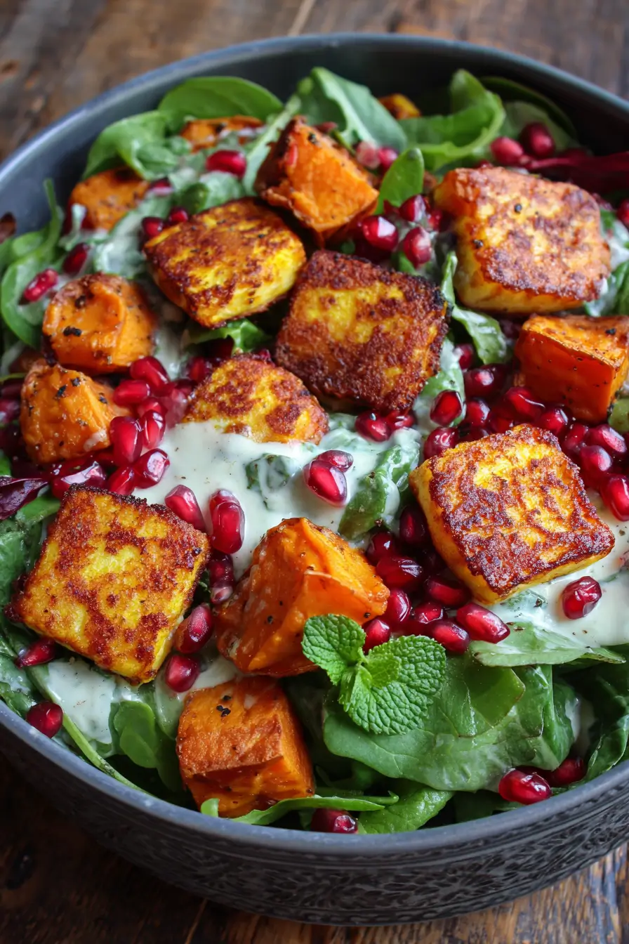 Sweet Potato, Halloumi & Pomegranate Salad with Mint Yogurt Dressing