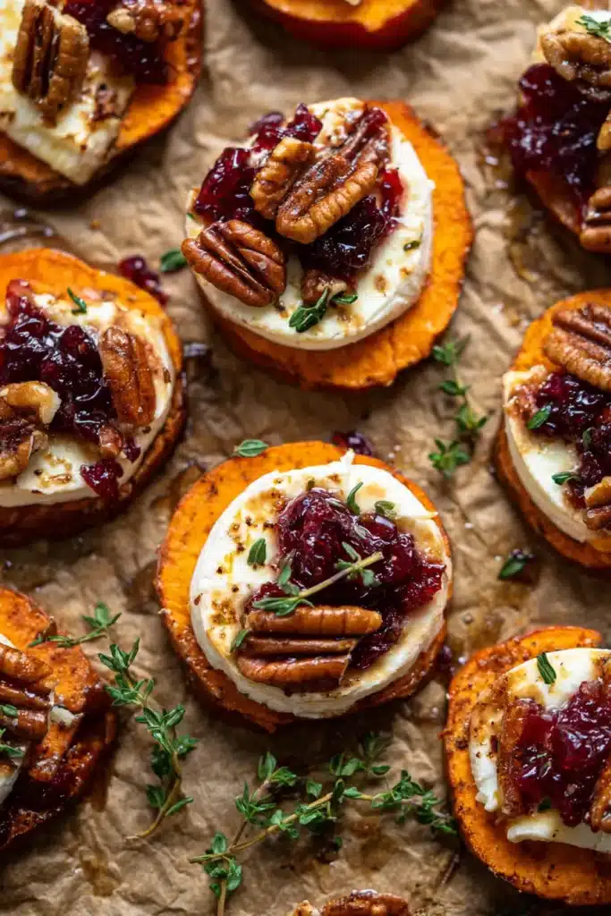 Sweet Potato Rounds with Brie, Cranberry & Pecans
