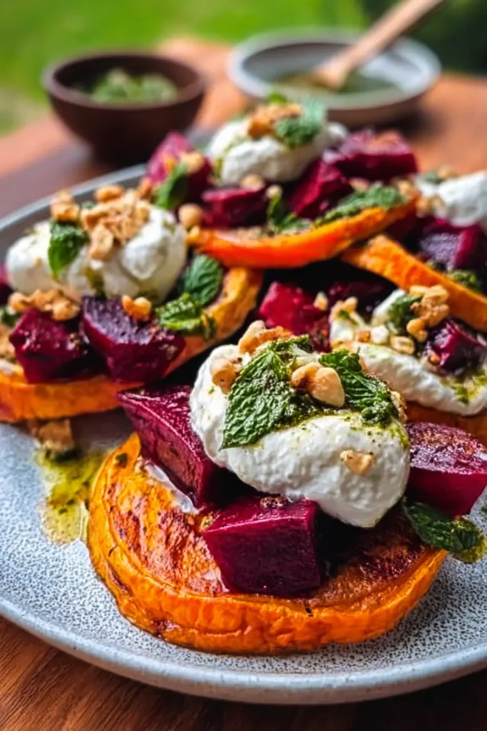 Sweet Potato Rounds with Burrata, Roasted Beets & Mint Yogurt Dressing.