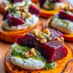 Sweet Potato Rounds with Burrata, Roasted Beets & Mint Yogurt Dressing Recipe