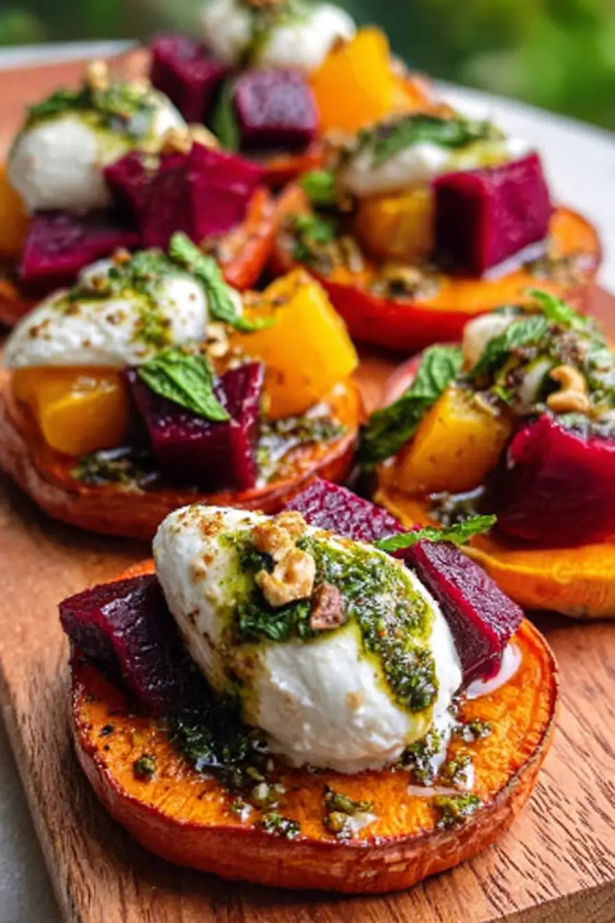 Best Sweet Potato Rounds with Burrata, Roasted Beets & Mint Yogurt Dressing