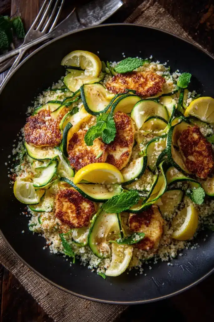 Zucchini And Halloumi Salad with Couscous & Lemon Dressing
