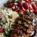 grilled chicken with strawberry balsamic glaze & Cotija cheese orzo salad