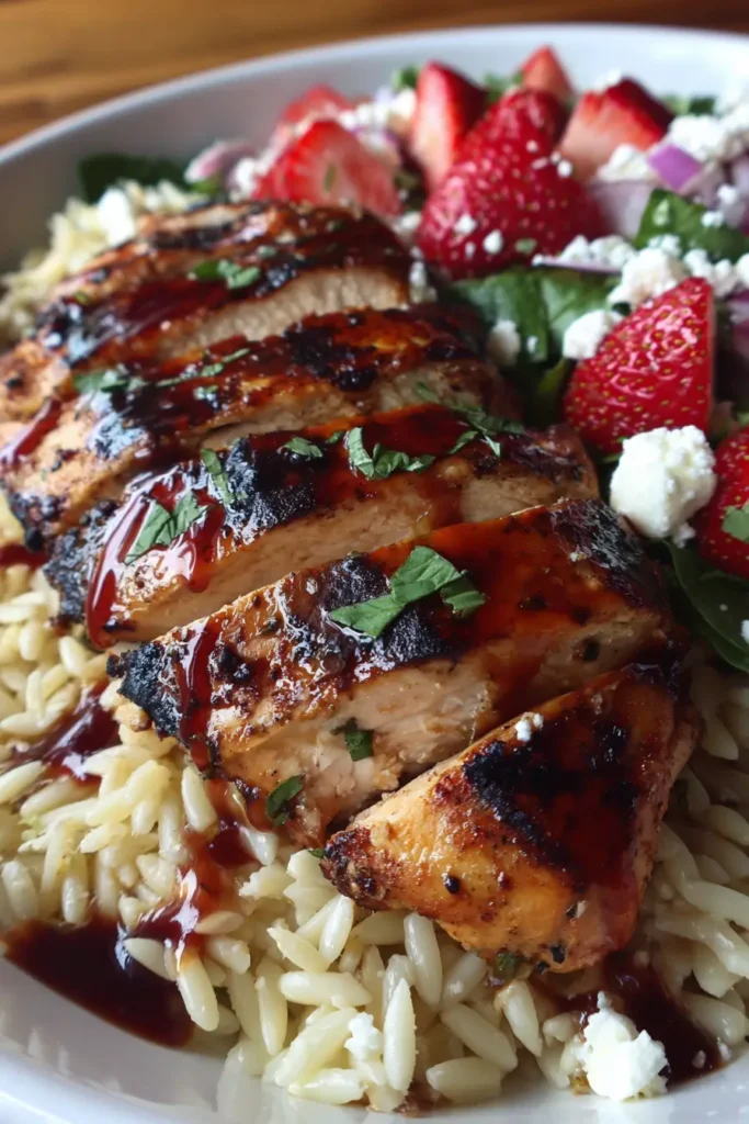 grilled chicken with strawberry balsamic glaze & Cotija cheese orzo salad Recipe