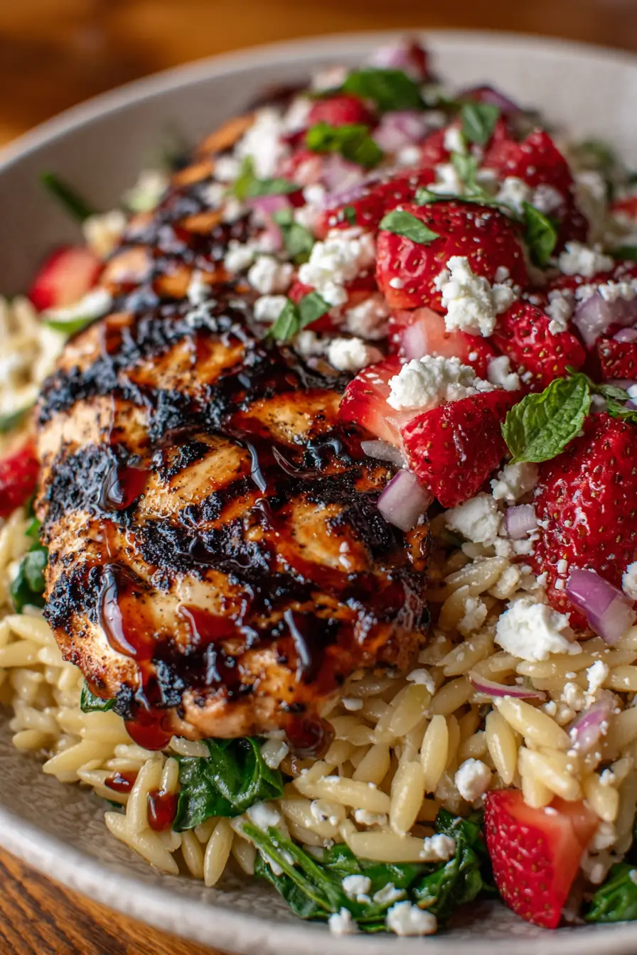 Easy grilled chicken with strawberry balsamic glaze & Cotija cheese orzo salad
