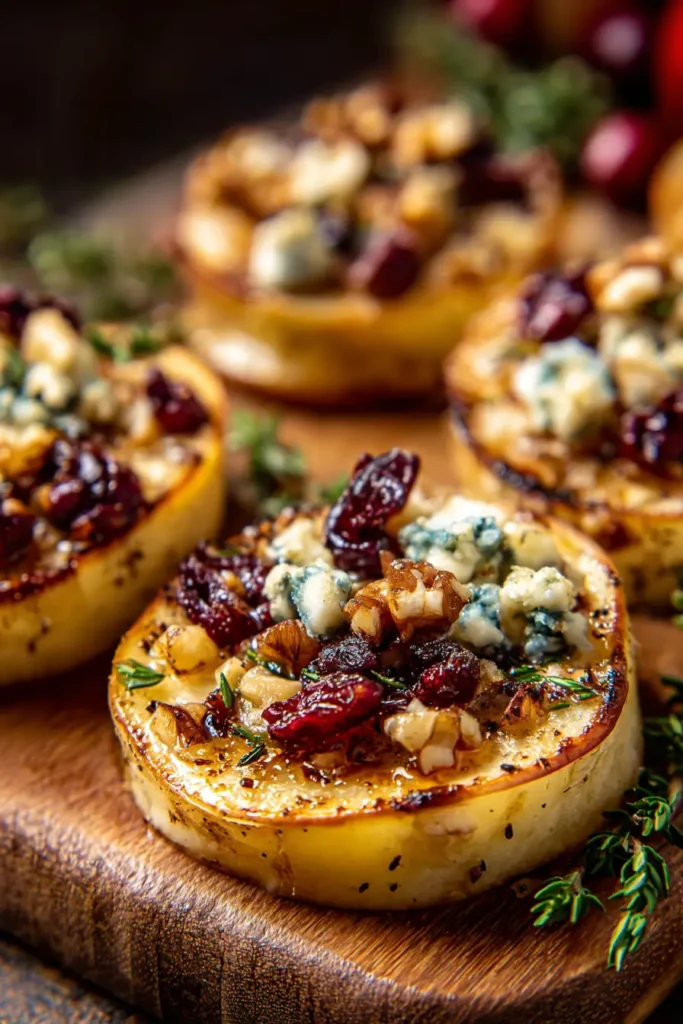 Apple Rounds with Blue Cheese, Cranberries & Maple Syrup