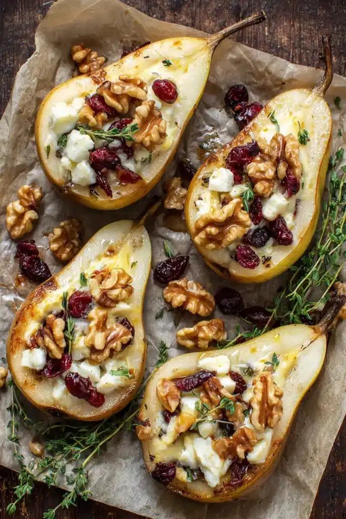 Baked Pears with Brie, Walnuts, and Cranberries