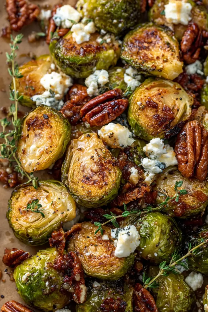 Cider-Roasted Brussels Sprouts with Candied Pecans & Feta Recipe