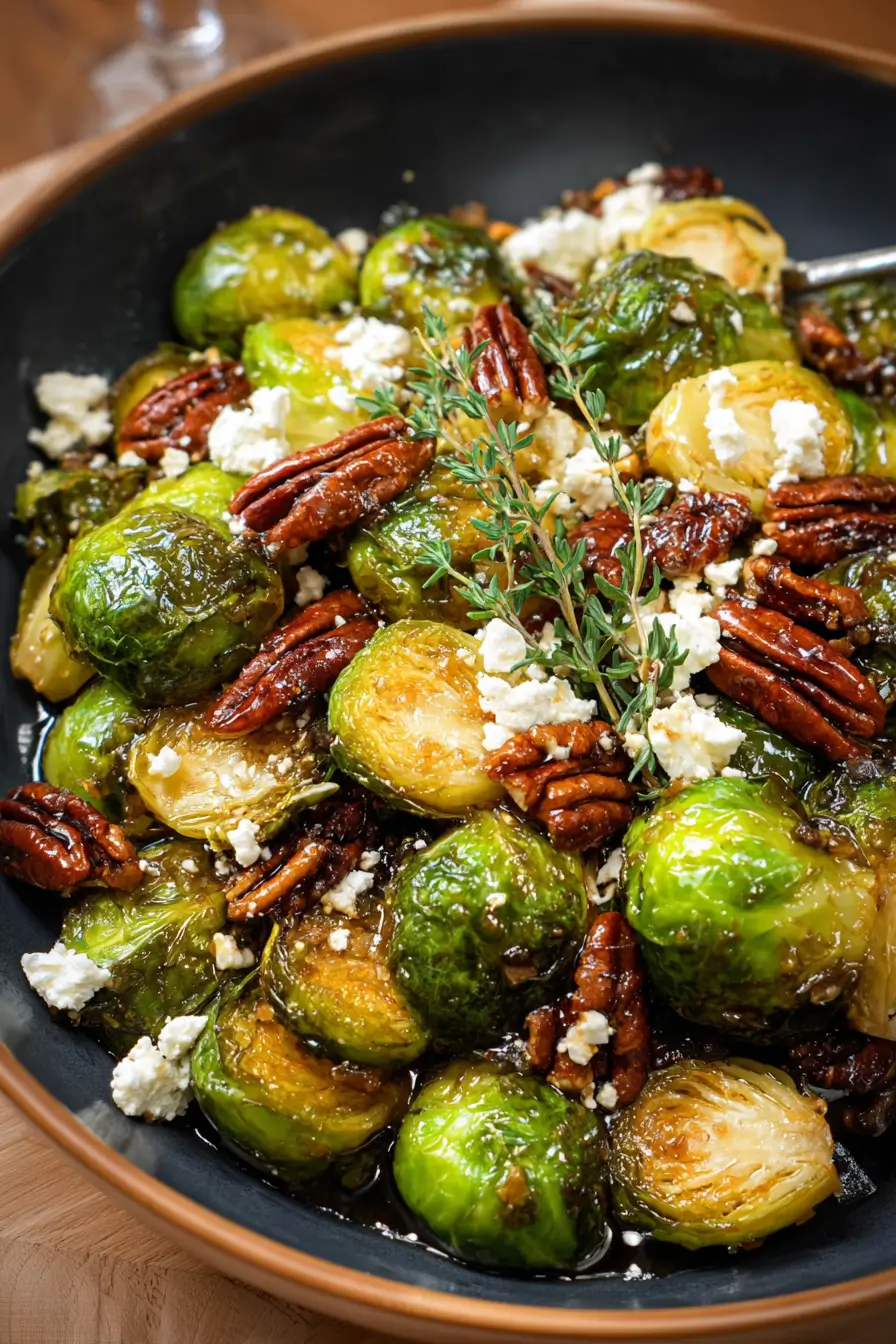 Easy Cider-Roasted Brussels Sprouts with Candied Pecans & Feta