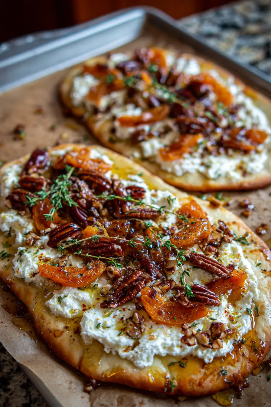 Crispy Flatbread with Mascarpone, Dried Apricots & Toasted Pecans with a Hot Honey Drizzle