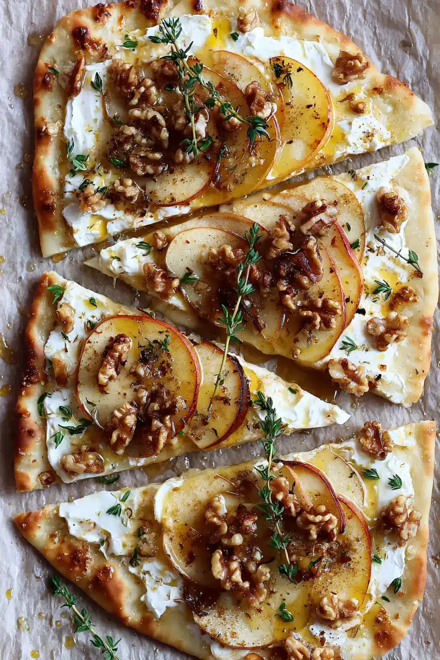 Crispy flatbread with ricotta, roasted apples & walnuts with a hot honey drizzle