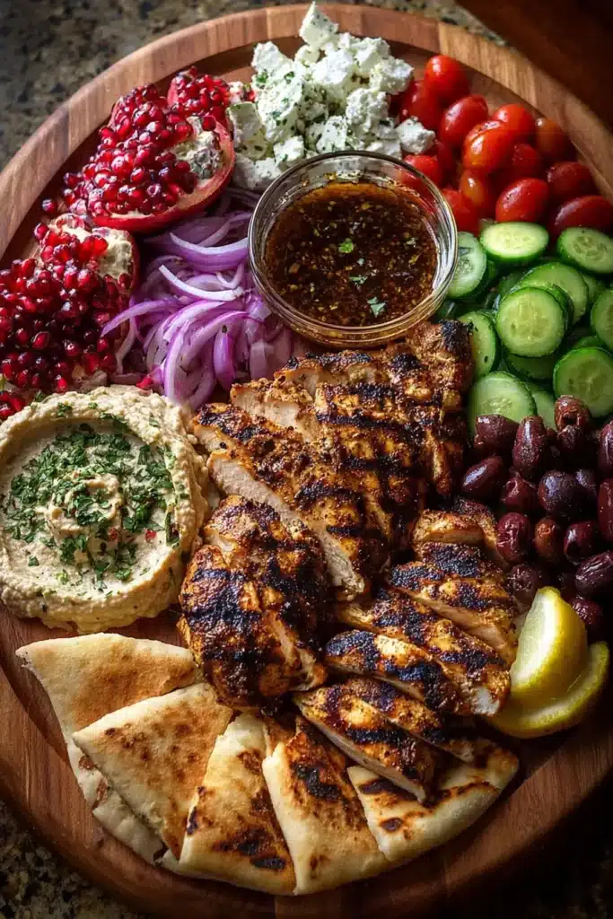 Greek Chicken Mezze Platter with Pomegranate Drizzle