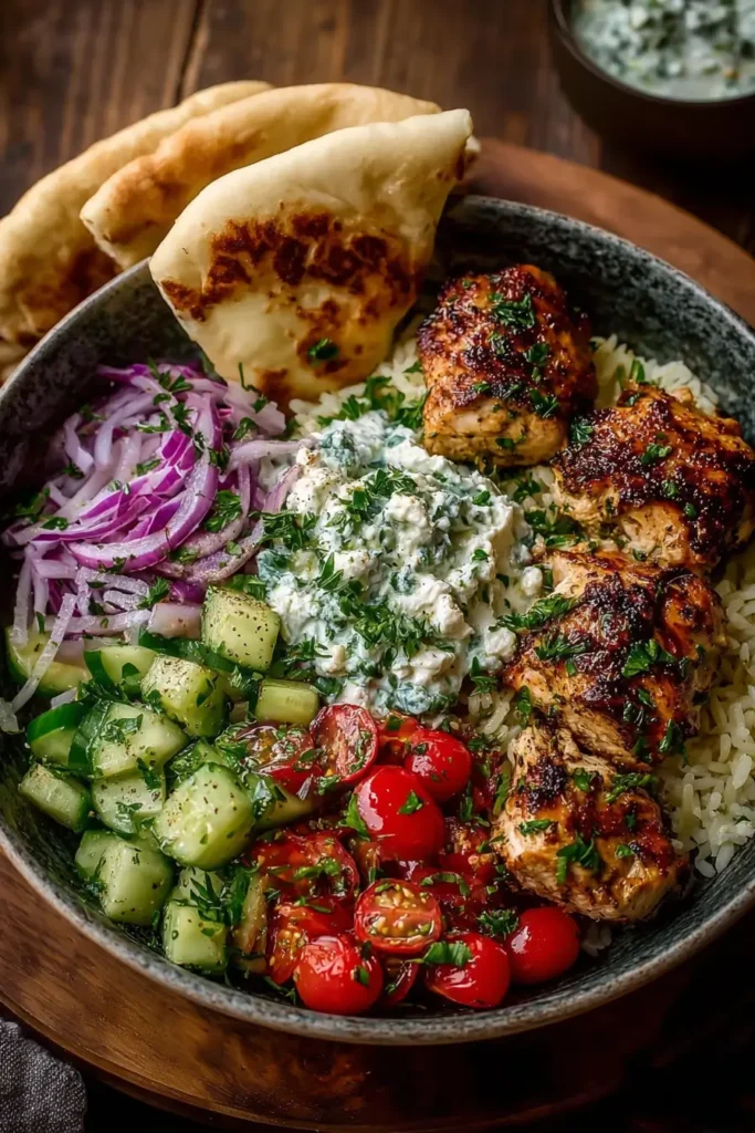 Greek Chicken Souvlaki Bowls with Tomato-Cucumber Salad