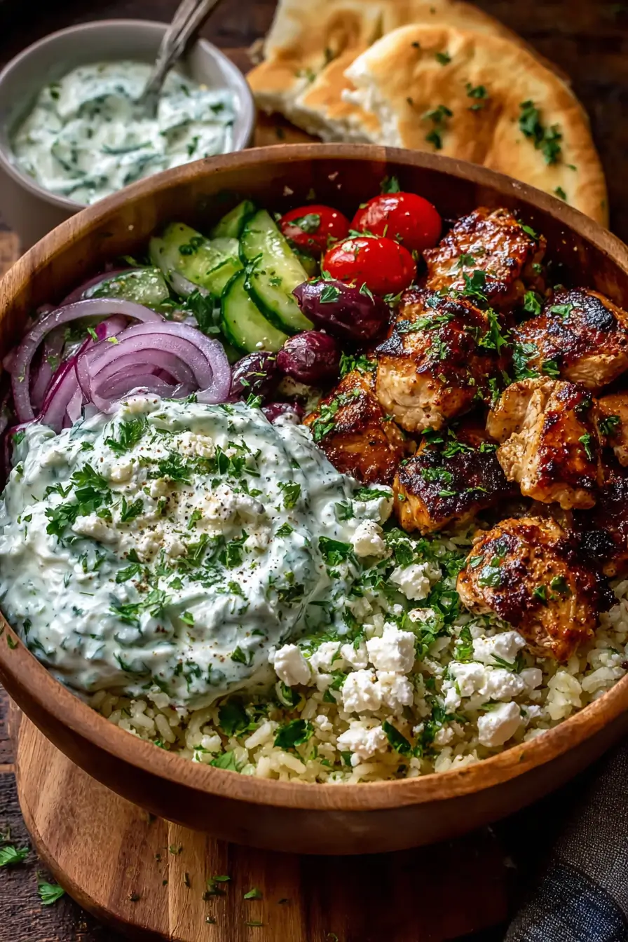Greek Chicken Souvlaki Bowls with Tzatziki