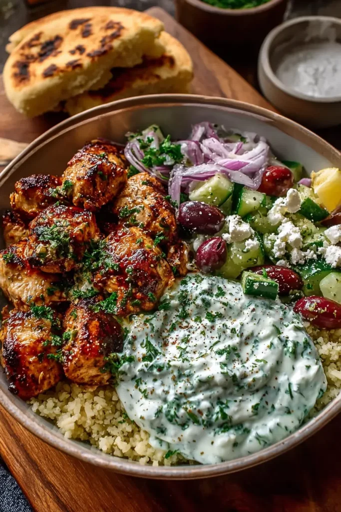 Greek Chicken Souvlaki Bowls with Tzatziki