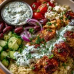 Greek Chicken Souvlaki Bowls with Yogurt Dill Sauce
