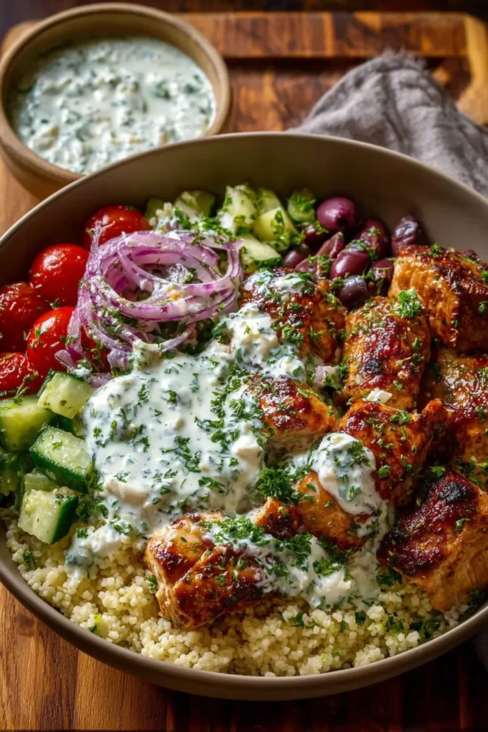 Greek Chicken Souvlaki Bowls with Yogurt Dill Sauce