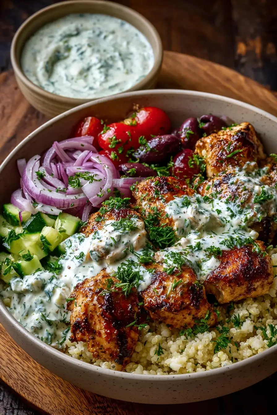 Greek Chicken Souvlaki Bowls with Yogurt Dill Sauce